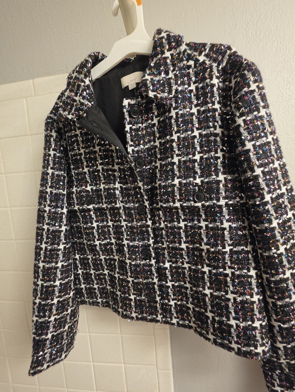LOFT Black & White Tweed Short Boxy Jacket with Multicolor Sparkle